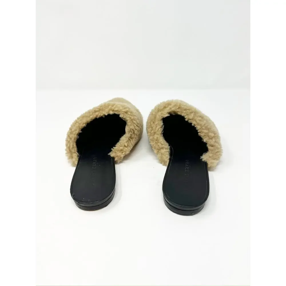 Jenni Kayne Shearling Flat Pointy Toe Mule Slip On Shoe Natural Brown EU 37